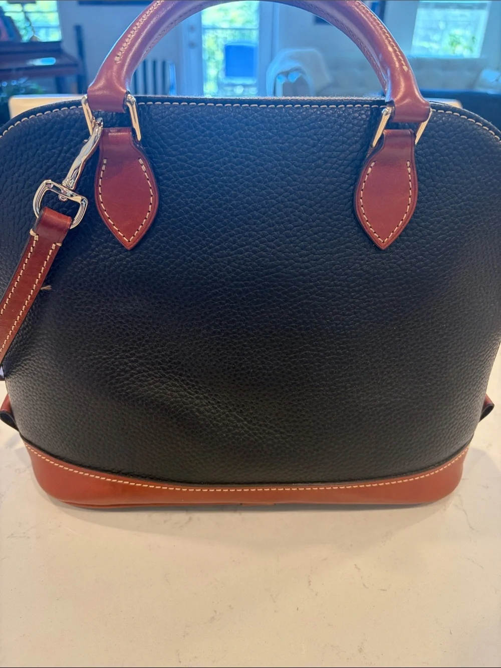 Dooney & Bourke Black with Brown Trim Pebbled Leather Dome Satchel